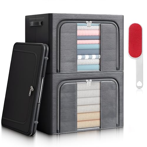 RICHXEL - 2 Cajas Almacenaje Ropa 24L para Armario de Tela Rígidas y Plegables con Tapa y Cremallera · Ventana Transparente - Caja Organizadora para Mantas y Juguetes con Quitapelusas de Regalo