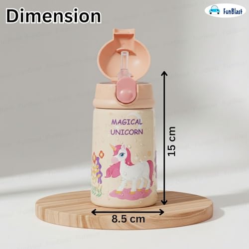 Image of FunBlast Unicorn Theme Water Bottle for Kids - Cute Water Bottle with Straw, Insulated Stainless Steel Bottle, Sipper Bottle for Kids (300 ML)