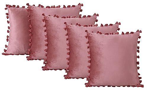 Amazon Brand - Umi Beige 18x18 Inch 5 Pc Decorative Velvet Tassel Fringe Design Throw Pillow Cover 45x45 cm Cushion Cover for Sofa, Living Room, Bed Room or Home Décor
