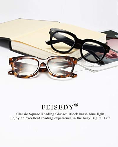 Image of FEISEDY Retro Square Thick Big Frame Blue Light Blocking Reading Glasses Anti Glare Digital Eyestrain Reader B2523 Black 1.75x