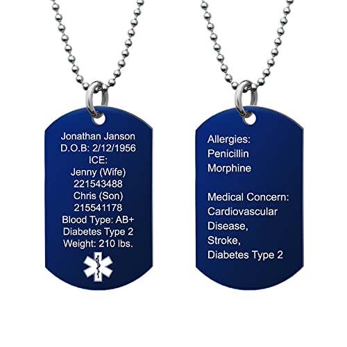 Qina C. Custom Engraved Medical Alert Necklace Stainless Steel ID Tag Emergency ICE Med Jewelry Pendant Personalized Men Women