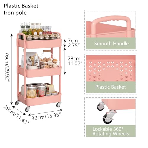 Image of Sywhitta 3-Tier Plastic Rolling Utility Cart with Wheels for Storage, Pink | Multi-Functional Storage Trolley, for Office, Living Room, Kitchen, Bathroom,Movable Organizer,Space-Saving,Easy to assemble