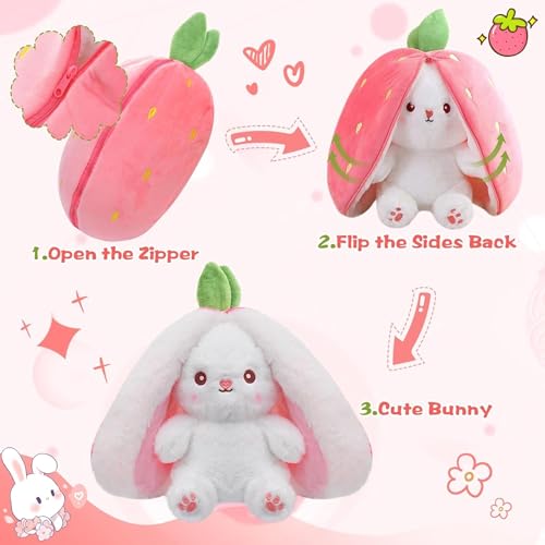 Image of VanityX Reversible Strawberry Bunny Soft Toy, Cute Plush Doll for Kids, 2-in-1 Stuffed Toy Pillow, Soft Toys for Baby Girls, Birthday Gift for Girlfriend, Girls Gift Items (Strawberry, 30cm)
