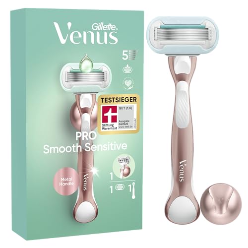 Gillette Venus Pro Smooth Sensitive Rasierer Damen, Nassrasierer für Empfindliche Haut — Inkl. 1 Ersatzklinge, Metallhandstück und Duschhalterung — TESTSIEGER VON GILLETTE VENUS BEI STIFTUNG WARENTEST 1