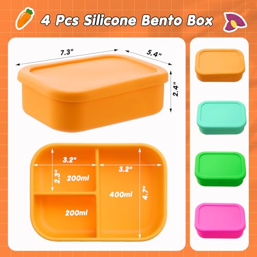 Image of Layhit 4 Pcs Silicone Bento Box for Adults, 27 oz Bento Lunch Container Reusable Food Container for Women Men, Leak Proof Microwave Dishwasher Freezer Safe (3 Compartments,Vivid Colors)