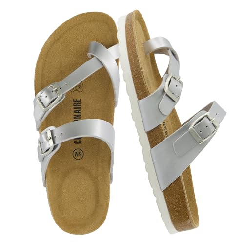 CUSHIONAIRE Luna Crossover Toe Strap Womens Sandals – Cork Footbed Slides with Adjustable Straps, Summer Sandals for Women 2025, SILVER 7.5
