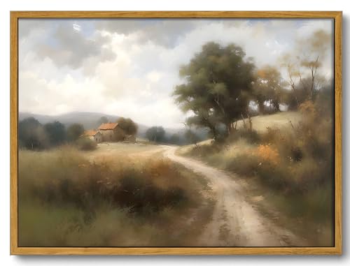 KISSFOX Lienzo enmarcado de paisaje vintage, arte de pared, pintura al óleo de carretera rústica, estilo rústico de casa de campo francés, pintura escénica, neutral, decoración del hogar, cocina,