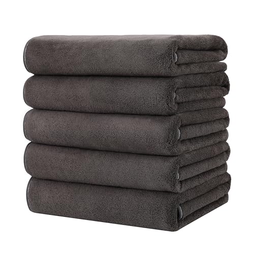 バスタオル 大判 ホテル仕様 タオル マイクロファイバー 5枚セット ふわふわ 吸水 速乾 耐久性 家庭用 サロン ジム サウナ バス用品 業務用 (ダークグレー)