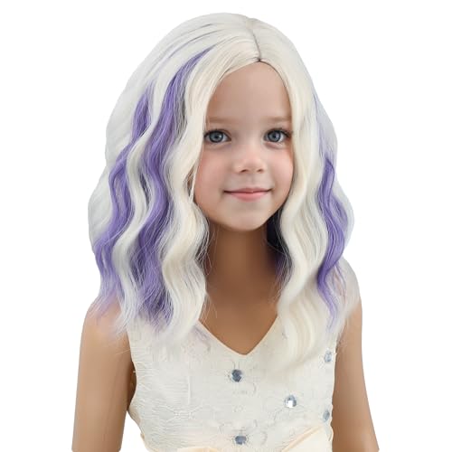 Image of PATTNIUM Blonde Mixed Blue Wig for Kids Girls Short Blonde Blue Wigs Side Part Shoulder Length Wavy Heat Resistant Synthetic Wig