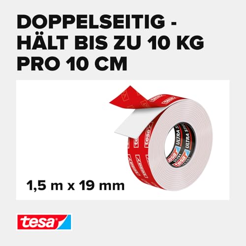 tesa Powerbond ULTRA STRONG - Doppelseitiges, extra starkes Montageband zur permanenten Befestigung im Außen- und Innenbereich - 1,5 m