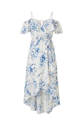 Yumi Women's Off-White Ivory Floral Print Bardot Midi Dress With Dip Hem In | : Size 10