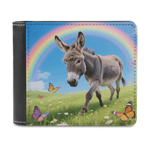 LDGSUPH Donkey & Butterflies (Rainbow) Leather Wallet Slim Bifold Wallet Billfold Purse Fashion Credit Card Holder Front Pocket Wallets for Adult