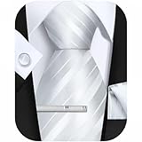 FACIACC] 結婚式 ネクタイ メンズ シルク ネクタイ チーフ タイクリップ カフスボタン4点セット ストライプ柄 ハンカチドット フォーマル 高級 紳士 礼服 ビジネス 就活 入学式 卒業式 忘年会 ギフトボックス付き 手洗い 幅8.5cm全長150cm父の日Father's Day スーツ(シルバーストライプCD02)