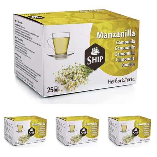Ship - Té de Manzanilla en Caja de 25 Unidades - Aporta Bienestar y Tranquilidad - Posee Propiedades Digestivas - Sabor Dulce - Sin Cafeína - Infusión Digestiva (Paquete de 4)