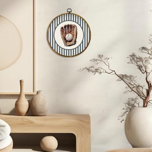 CUANFDDSF Vintage Baseball Nursery Round Wall Art, Sports Framed Hanging Wall Decor, Blue Striped Baseball Glove Canvas Prints Decorations for Kids Boy Nursery Room Playroom, 10x10 Inch