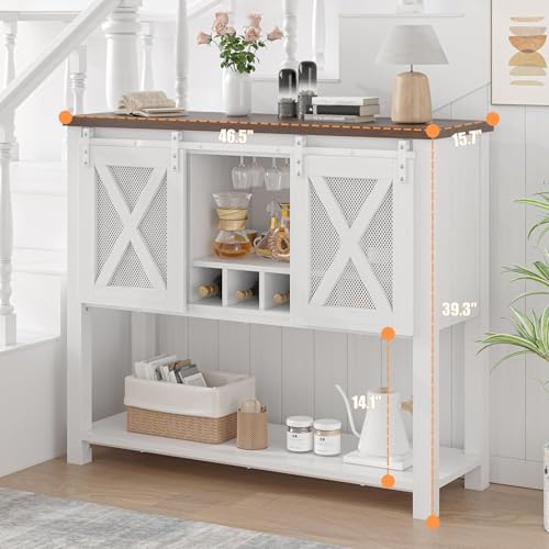Garvee Farmhouse Wine Cabinet, Coffee Bar Sideboard Cabinet Storage, Console Table with Sliding Barn Doors, Entryway Table with Glass Rack for Kitchen Dining Room Hallway, 46.5 inches Long, White
