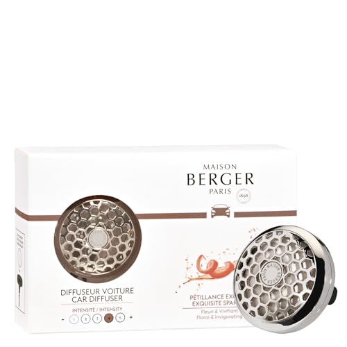 Maison Berger Car Diffuser Set – Refillable Vent Clip, Ceramic Refill, Made in France - Luxury Auto Scent - 4-Week Diffusion - Elegant Air Freshener for All Car Vents (Exquisite Sparkle)