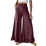 Womens Wide Leg Pants Drawstring Elastic High Waisted Ruffle Hem Palazzo Pant with Pockets Casual Baggy Solid Slack S-2XL Wine