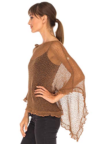 Image of SHU-SHI Women's Sheer Knit Poncho Shrug Lightweight Asymmetrical Ruffle Wrap Dressy Summer Shawl Cover Up Top