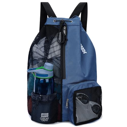 WANDF Swim Bag Mesh Drawstring Backpack with Wet Pocket for Swimming Gym and Workout Gear (Dark Blue)