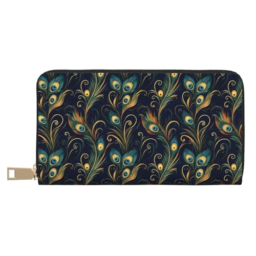 Wallet Women - Elegant Peacock Feathers (A) Print Leather Wallet Large Capacity Bifold Long Ladies Wallets With Zipper