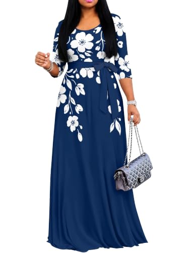 Image of PinkPatty Women's Print Maxi Dresses 3 /4 Sleeve Flowy Long Dress V Neck Wrap Tie Waist Sundress