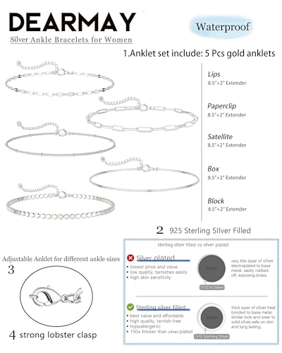 Image of DEARMAY 14K Gold Plated Ankle Bracelets for Women Waterproof - Dainty 6Pcs Anklets Layered Cuban Link Chain Herringbone Cute Anklets Set Pack Summer Beach Jewelry Gift for Women Teen