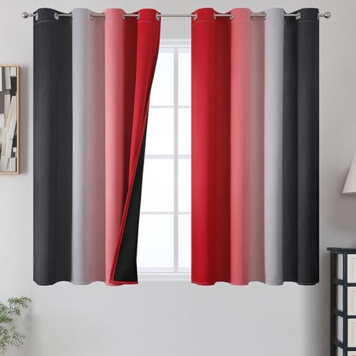Estelar Textiler Ombre Red and Black Curtains 45 Inch Length 2 Panels, 100% Blackout Curtains for Living Room, Grommet Thermal Insulated Drapes, Full Light Blocking Curtains for Bedroom, 52x45 Inch