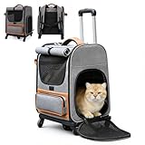 3-in-1 Katzenrucksack mit Rädern, Abnehmbaren Hunderucksack mit Sonnenschutzrollos, Belüftetes Design, Herausnehmbarer Matte, Faltbarer Hundetrolley,Transportbox Katze bis 10 kg