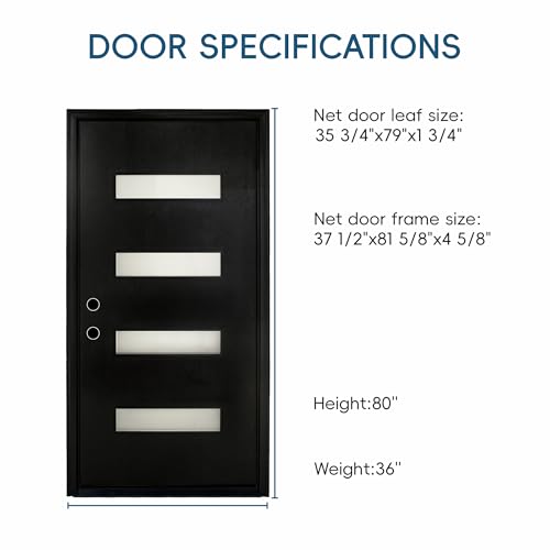 Image of Casaphoria 36 inch x 80 inch Fiberglass Entry Door Without Door Frame,Left Hand Inswing Exterior Door with Brickmould,Contemporary Wooden Grain Knock-Down Front Door for Home Entrance, Black Door Slab Only