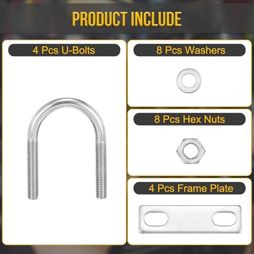 Image of DTGN M10x45x76mm U Bolts Round Kit - 4Set - 304 Stainless Steel U-Bolt Kit with Nuts, Washers, Frame Plate - Good for Pipe, Trailer, Automotive, Leaf Spring Fastener