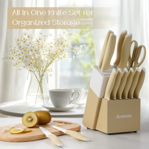 Image of Astercook Kitchen Knife Set with Block and Sharpener 15 Piece Knives Set German High Carbon Stainless Steel Knives Sharp Blade Dishwasher Safe Deba Knives with Ergonomic Handle