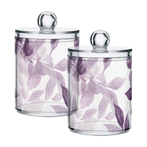YMGQYJ 2 Pack Purple Leaves Qtip Cotton Ball Holder Dispenser with Lid, Plastic Jars Bathroom Canisters Storage Organizer