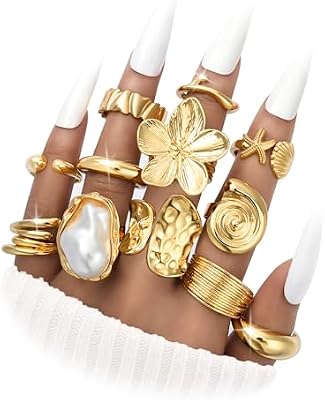 FAXHION 12 PCS Chunky Gold Plated Rings for Women Statement Flower Ring Set