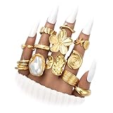 FAXHION Gold Rings for Women Non Tarnish Statement Flower Ring Set, 14K Gold Plated Stackable Open Stacking Rings, Knuckle Trendy Ring Jewelry Valentine's Day Gifts, 12PCS