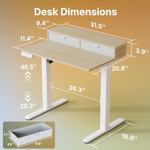 Image of HUANUO 32 inch X 21 inch Electric Standing Desk with 2 Drawers, C-Clamp Mount Compatible, Height Adjustable Computer Desk, Home Office Stand Up Desk with 4 Preset Heights & 2 Hooks, Light Walnut