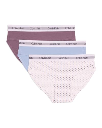 Calvin Klein Girls Cotton Bikini Underwear 3-Pack, Pink Multi Heart/Rushing Waters Blue/Refined Plum, Small