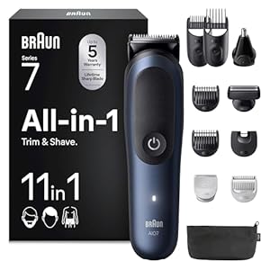 Braun All-in-One Trimmer-Set 7, 11-in-1 Multigroom, Barttrimmer, Nasenhaartrimmer, Haarschneidemaschine für Gesicht, Kopf und Körper, 120 Min Akku, 14 Längen (0.1–21 mm), Wasserdicht, AIO7540, Blau