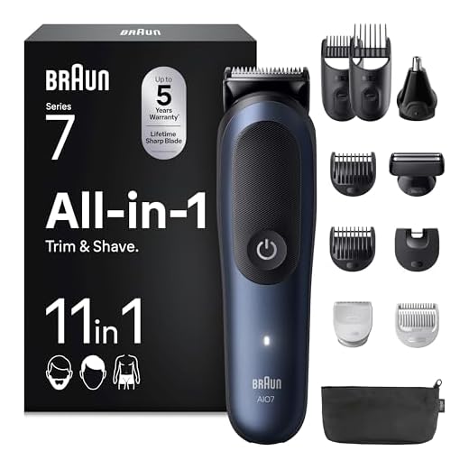Braun All-in-One Trimmer-Set 7, 11-in-1 Multigroom, Barttrimmer, Nasenhaartrimmer, Haarschneidemaschine für Gesicht, Kopf und Körper, 120 Min Akku, 14 Längen (0.1–21 mm), Wasserdicht, AIO7540, Blau