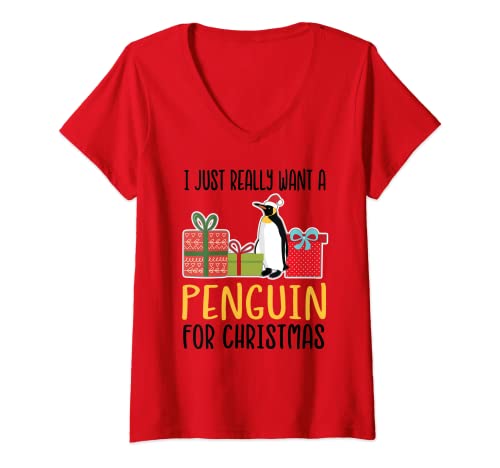 Mujer I Really Want a Penguin For Christmas - Cute Holiday Penguin Camiseta Cuello V