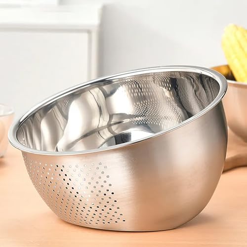 Image of KRESHU Stainless Steel 304 Food Grade 3-in-1 Bowls Vegetables Rice Washer with Side Drain Bowls Colander Strainer Basket Ideal for Kitchen Tools Vegetables, Rice, Fruits (26cm, Silver)