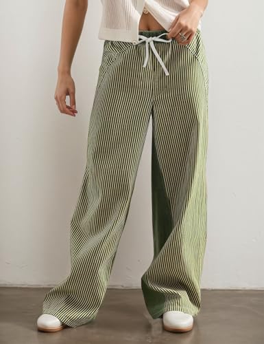 Womens Low Rise Wide Leg Striped Pants Jeans Boho Striped Drawstring Patchwork Denim Pants Trendy 20252