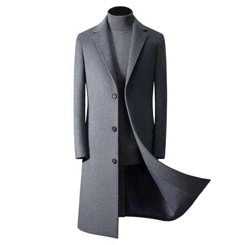 Maiyifu-GJ Men's Full Length Trench Coats Slim Fit Single Breasted Long Wool Coat Fall Winter Warm Casual Business Overcoat