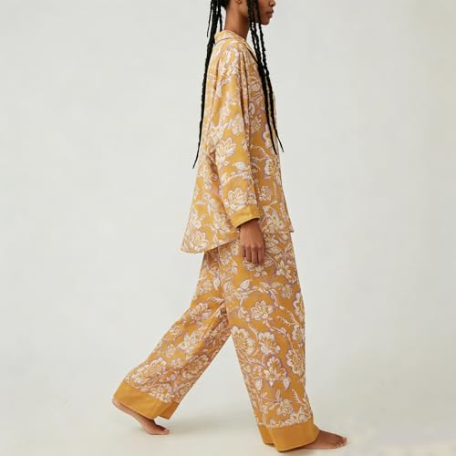 Image of Women Satin Pajama Set Floral Silk Pajamas 2 Piece Lounge Sets Button Down Shirts Wide Leg Pants Pjs Sleepwear