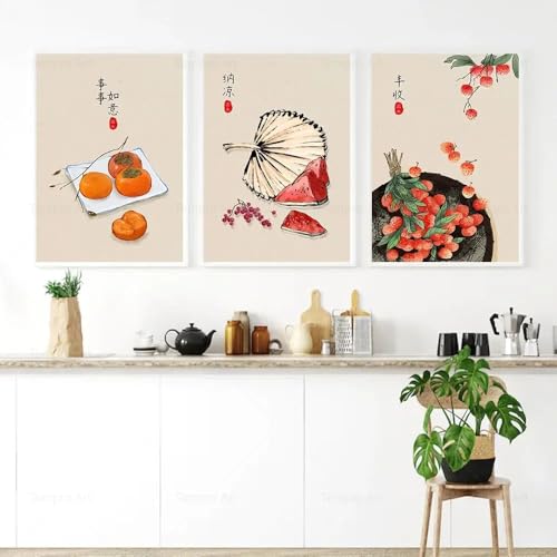 Peinture traditionnelle chinoise de fruits et kaki, triptyque 60x80 cm pour salon