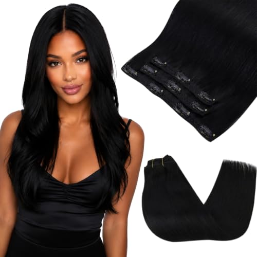 Sunny Hair Clip in Hair Extensions Real Human Hair Jet Black Soft Texture