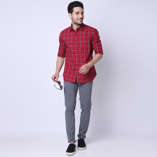 Image of J. HAMPSTEAD Cotton Slim Fit Checkered Casual Shirt for Men