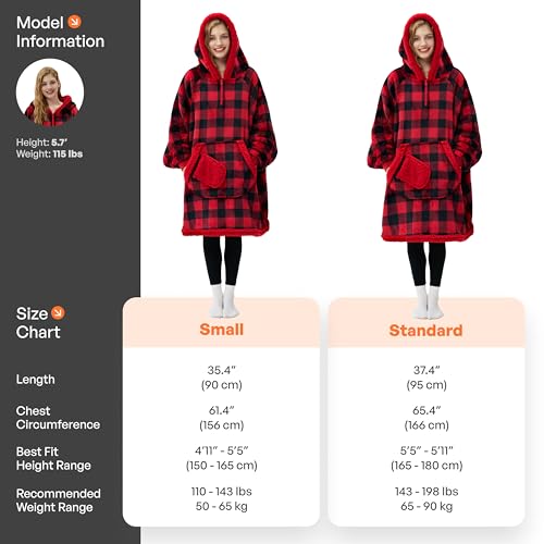 Image of Giggling Getup Wearable Blanket Hoodie for Women Men - Oversized Flannel Sherpa Fleece Sweatshirt Blanket with Giant Pocket & Sleeves - Cozy Warm Blanket Birthday Gifts for Adults Red Black Plaid