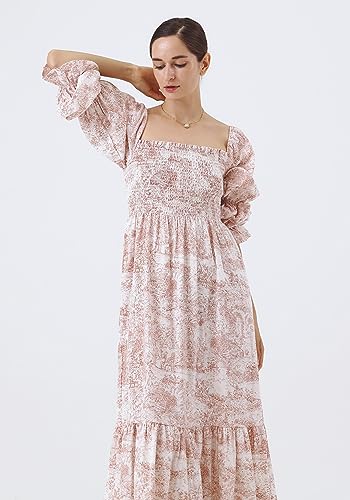 Image of NOTHING FITS BUT Women Linen Cotton Dress, Floral Pattern Yuki Gown, Women Casual Dress, Off Shoulder Frock