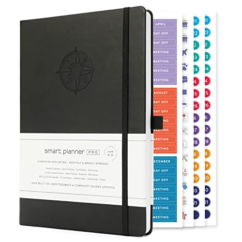 Smart Planner Pro – Undated Daily Planner – Medium B5 – Achieve Goals & Increase Productivity with Weekly, Monthly, Work Sections - Organizer Planner with Back Pocket, 3 Satin Bookmarks & Pen Holder